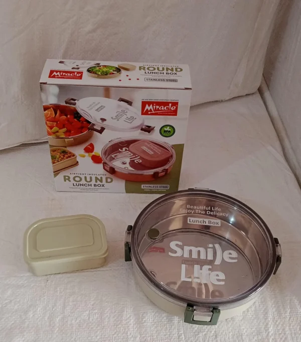 Miracle Stainless Steel Round Lunch Box, with Small Plastic Box Insert Leak Proof Lunch Box